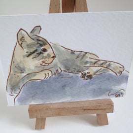 ACEO Art Cat Doze Original Watercolour & Ink Painting OOAK