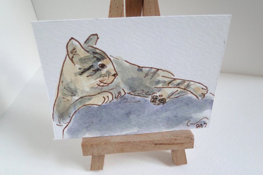 ACEO Art Cat Doze Original Watercolour & Ink Painting OOAK