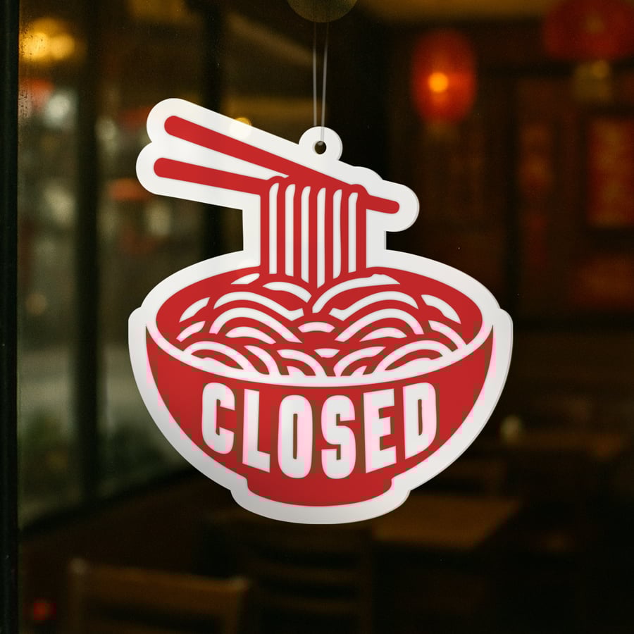 Noodle Bowl Open & Closed Sign 1: Asian Takeaway Double-Sided Hanging Door Sign 