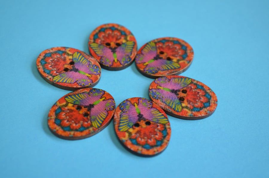 Wooden Oval Butterfly Buttons Colourful Kaleidoscope Red Pink 6pk 30x22mm (OB8)