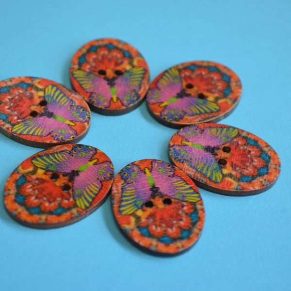 Wooden Oval Butterfly Buttons Colourful Kaleidoscope Red Pink 6pk 30x22mm (OB8)