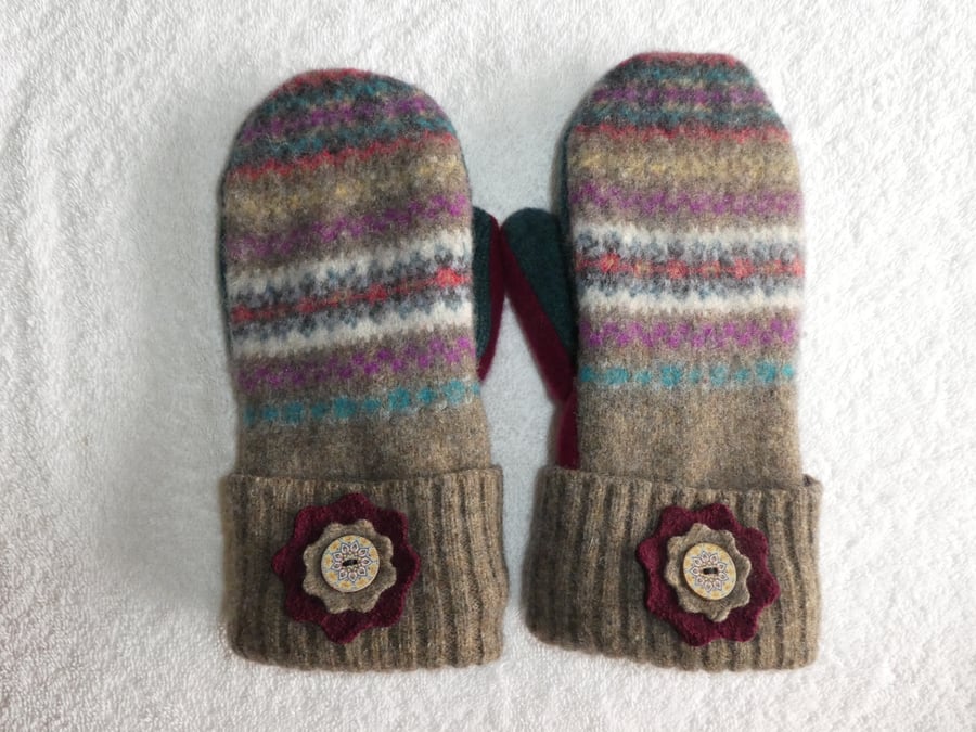 Mittens Created from Up-cycled Wool Jumpers. Fully Lined. Fair Isle Brown Cuff