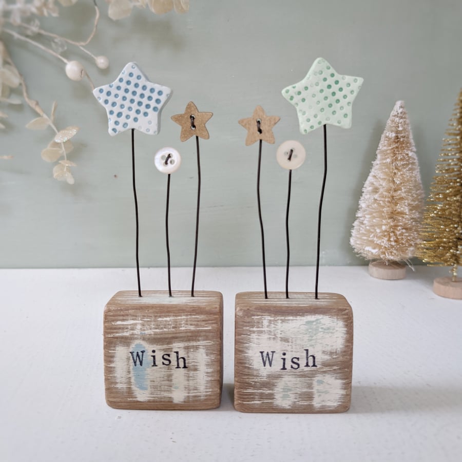 Clay Star and Buttons in a Painted Wood Block 'Wish'
