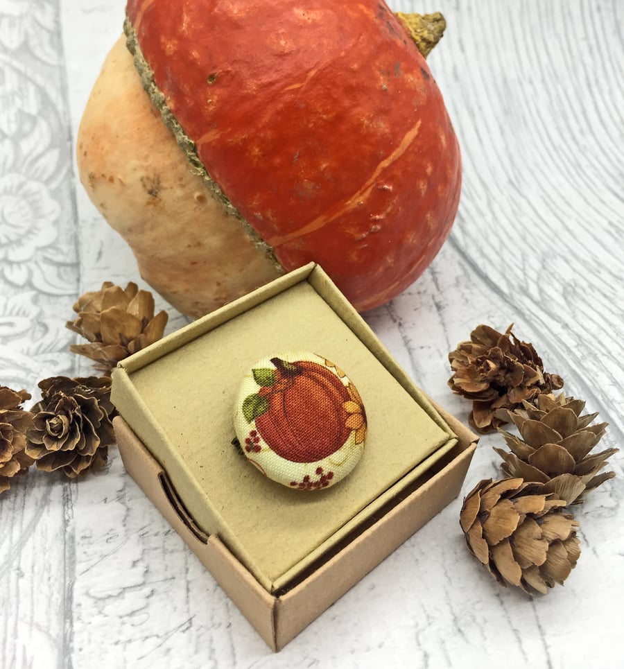 Pumpkin and sunflowers fabric button brooch Autumn lover