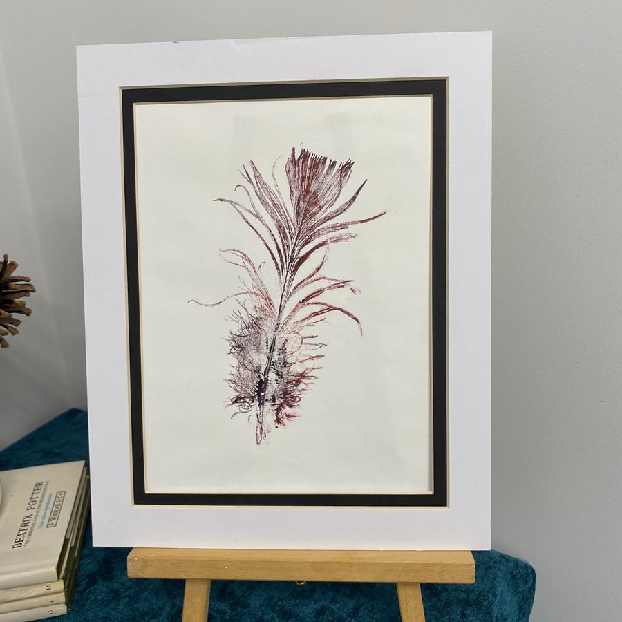 deep red feather, original art Monoprint. gift idea, ready to post, screenprint
