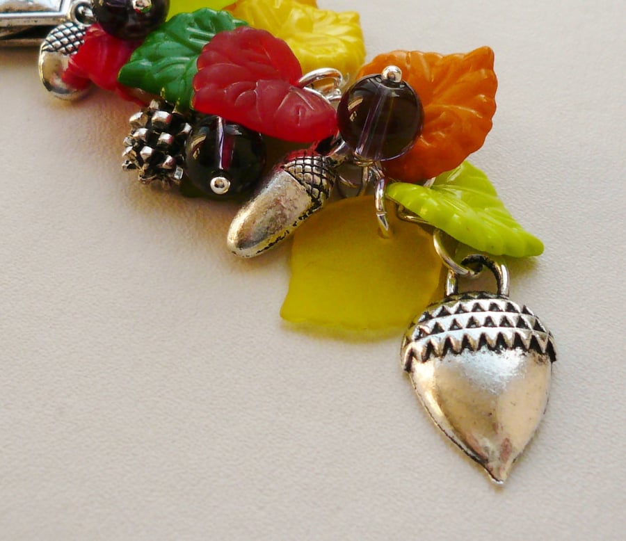 Autumn Coloured Leaf and Tibetan Silver Acorn Handbag Charm   KCJ1256