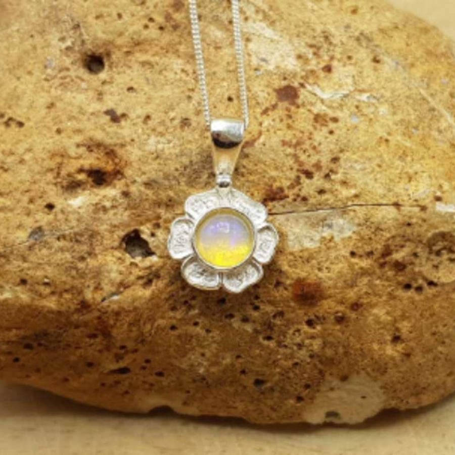Tiny Opal flower pendant. 14th anniversary. October birthstone.