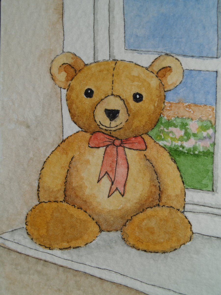 ACEO Original Bear on the Nursery Windowsill