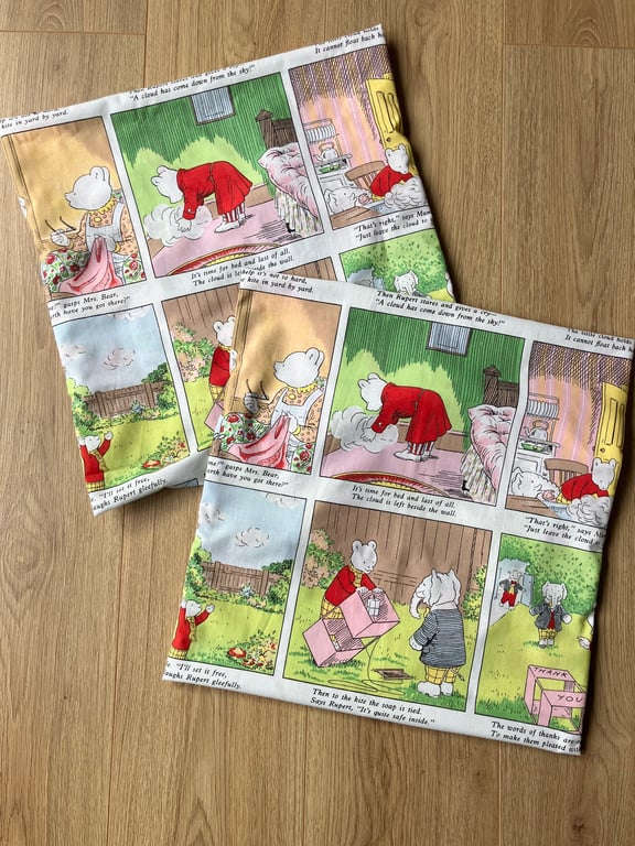Two Rupert Bear cushion covers made with vintage fabric, perfect nursery decor