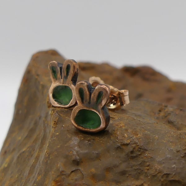 Recycled Copper Bunny Rabbit Head Stud Earrings.