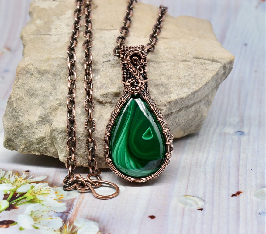 Malachite and Copper Wire Woven Pendant