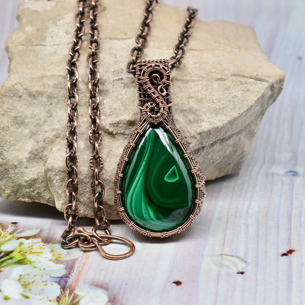 Malachite and Copper Wire Woven Pendant