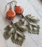 Brass maple leaf earrings, Orange and brass, Statement earrings - Image 5