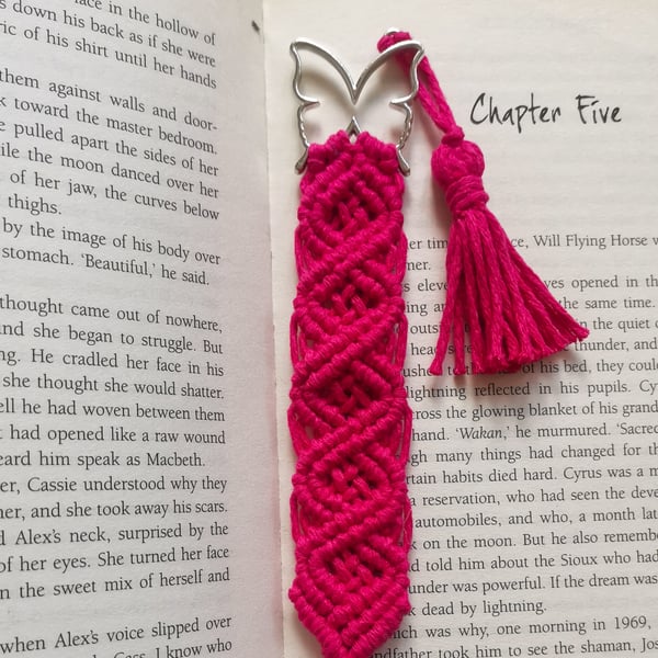 Bookmark - Handmade macrame butterfly, boho inspired, silver, pink