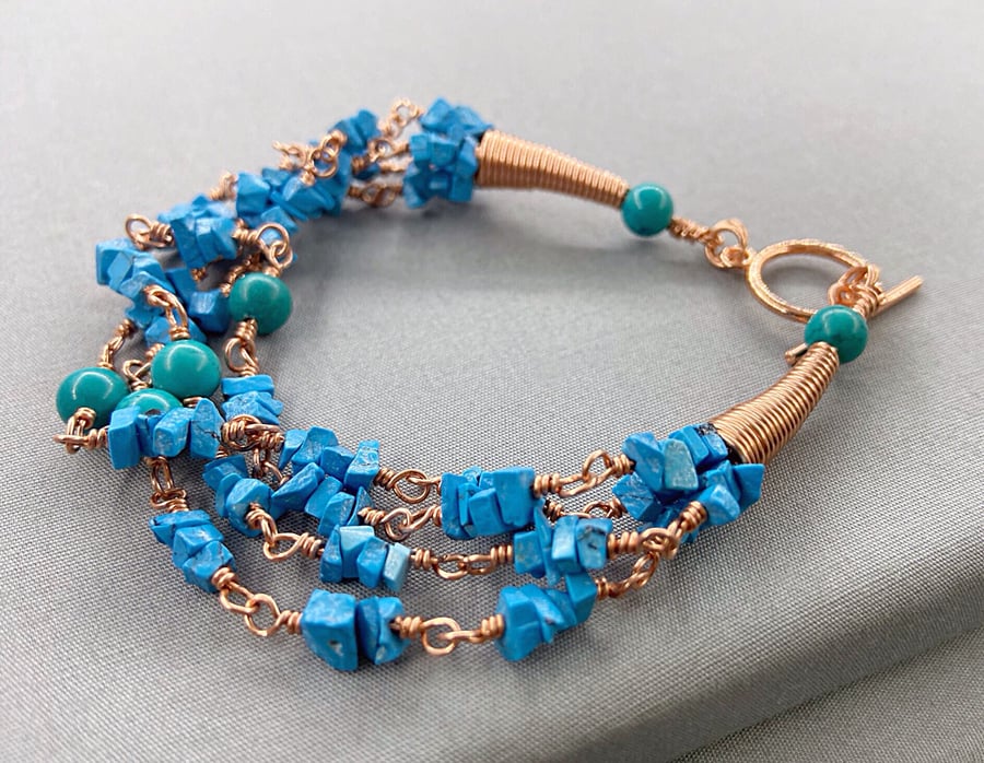 Unisex Sleeping Beauty Turquoise Gemstone Chip & Copper Twisted Bracelet