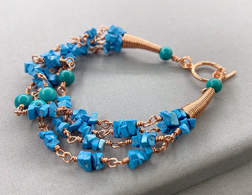 Unisex Sleeping Beauty Turquoise Gemstone Chip & Copper Twisted Bracelet