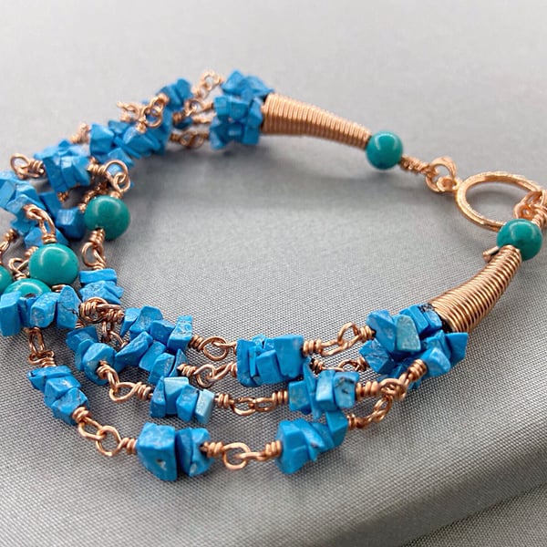 Unisex Sleeping Beauty Turquoise Gemstone Chip & Copper Twisted Bracelet