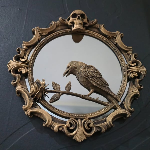 Gothic Crow and Rose Glass Mirror 19cm Frame