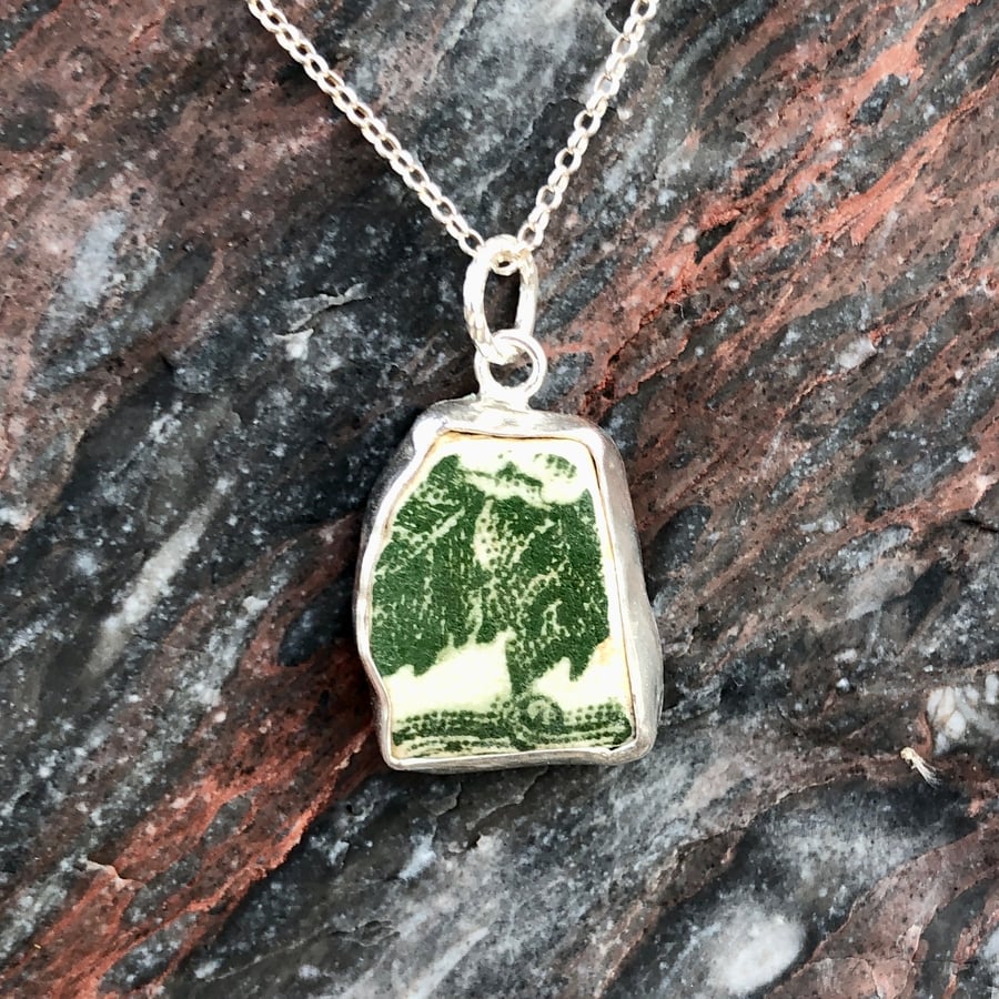 Unusual Green Pottery and Sterling Silver Pendant - 1232