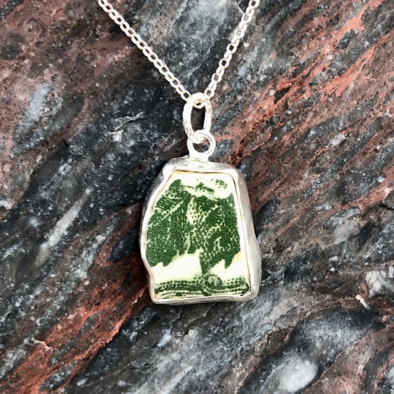 Unusual Green Pottery and Sterling Silver Pendant - 1232