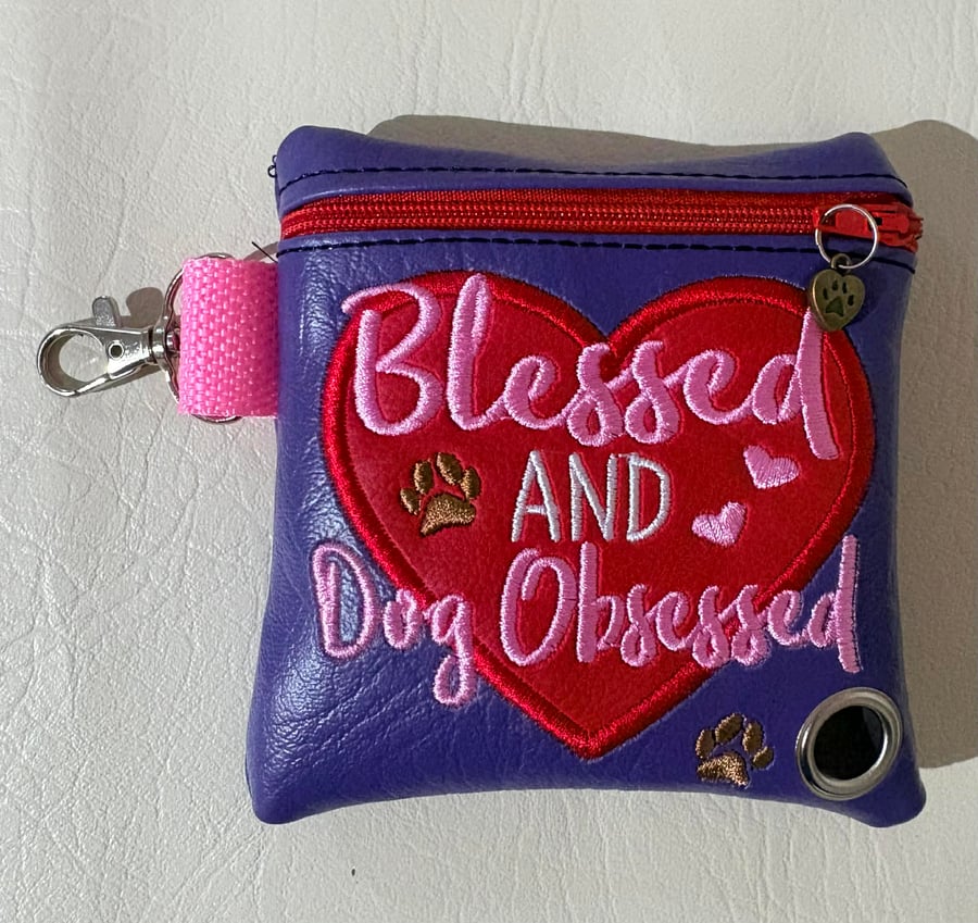 Blessed and dog obsessed -  Embroidered Poo bag dispenser. 