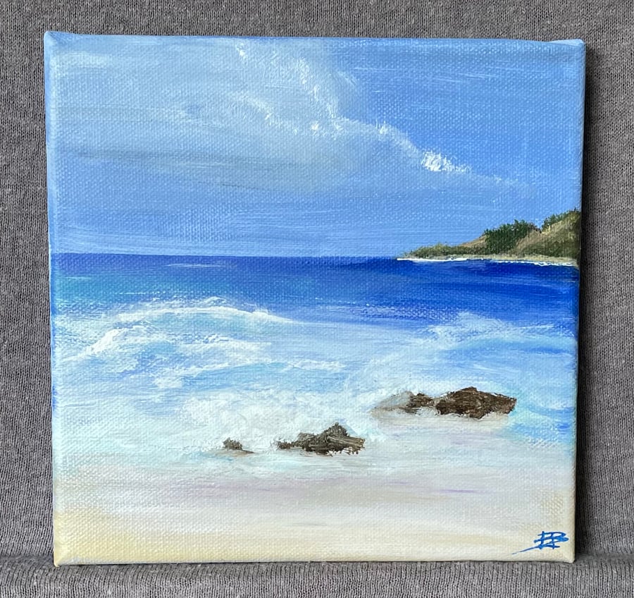 Acrylic Seascape square canvas beach scene original art.