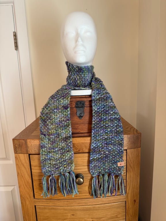 Cosy Blues & Greens 100% Merino Wool Scarf knitted with Malabrigo Yarn