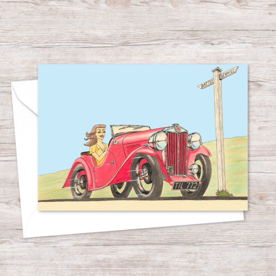 Sports Car Greetings Card: Pencil Illustration of a Classic British Design (322)