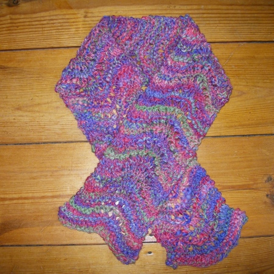 Hand Knit  Scarf in Pinks, Purples and Green