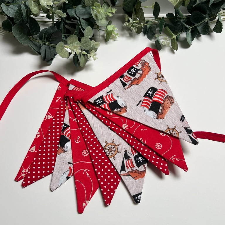 Handmade Fabric Bunting 9 Flags in a Nautical Pirates Design