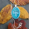 Turquoise Ceramic Oval Pendant with Impressed Dragonfly