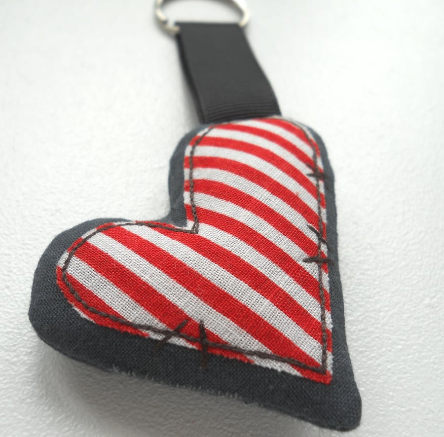 applique embroidered heart keyring key fob hanging decoration RED STRIPES