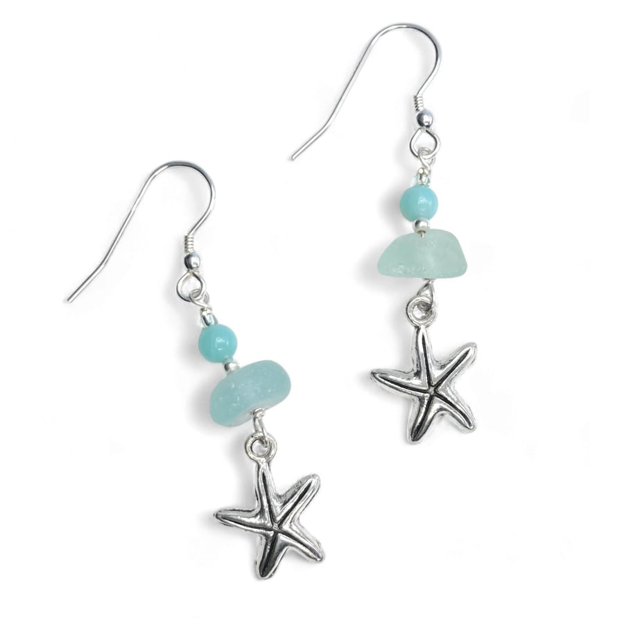 Starfish Earrings. Sea Glass, Amazonite and Sterling Silver - Handmade Jewellery