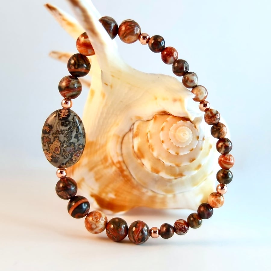 Leopardskin Jasper Bracelet With Copper Beads - Handmade In Devon