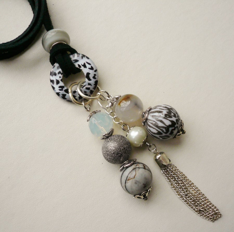 Cluster Necklace Grey Animal Print and Tassell Tibetan Silver   KCJ470