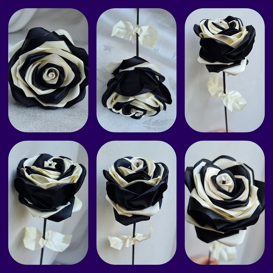 Gorgeous Handmade Black and Ivory Ribbon Rose - Long Stem Artificial Flower Gift