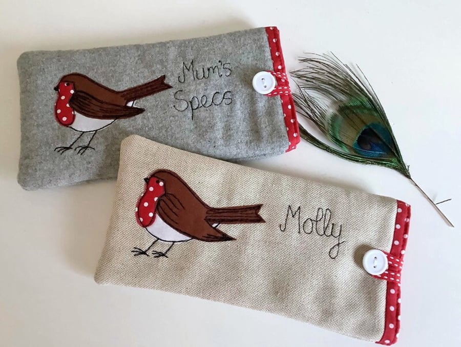 Personalised Robin Bird Glasses Case - Linen or Grey Choice of Name Xmas Gift