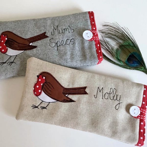 Personalised Robin Bird Glasses Case - Linen or Grey Choice of Name Xmas Gift