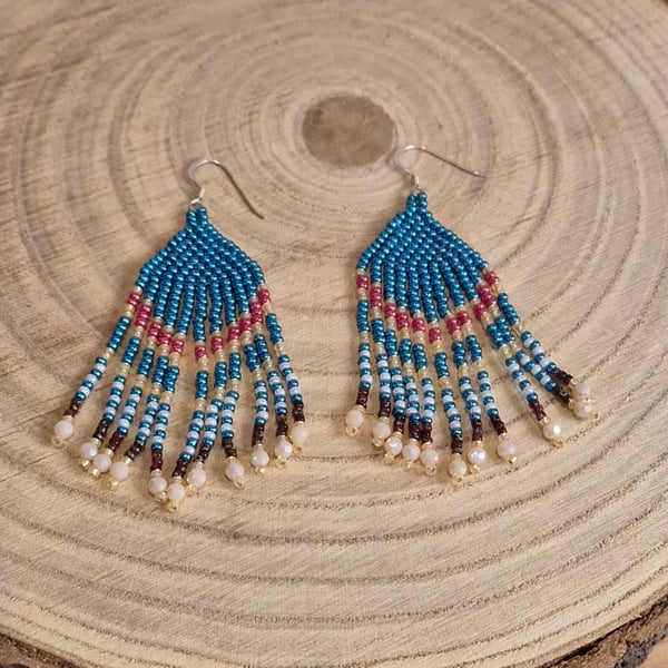 Sterling silver beaded fringe earrings, boho fringe, festival (EAR-0004)