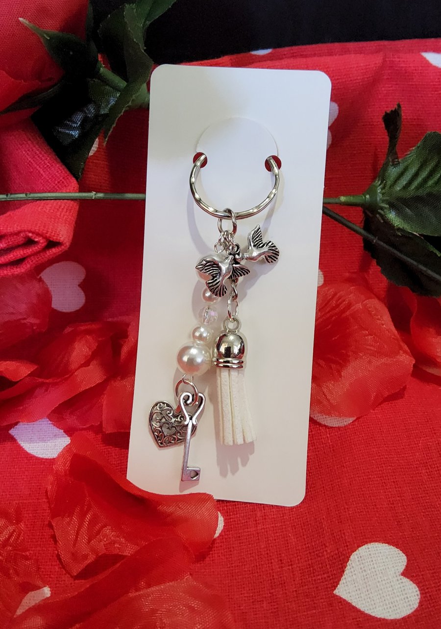 Valentines Beaded Keychain - White Doves