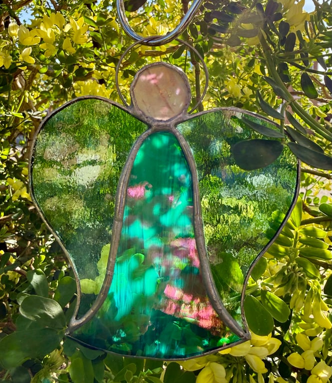 Stained Glass Bell Angel Decoration - Iridised green body with soft green wings