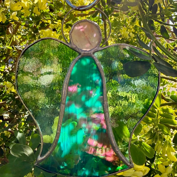 Stained Glass Bell Angel Decoration - Iridised green body with soft green wings