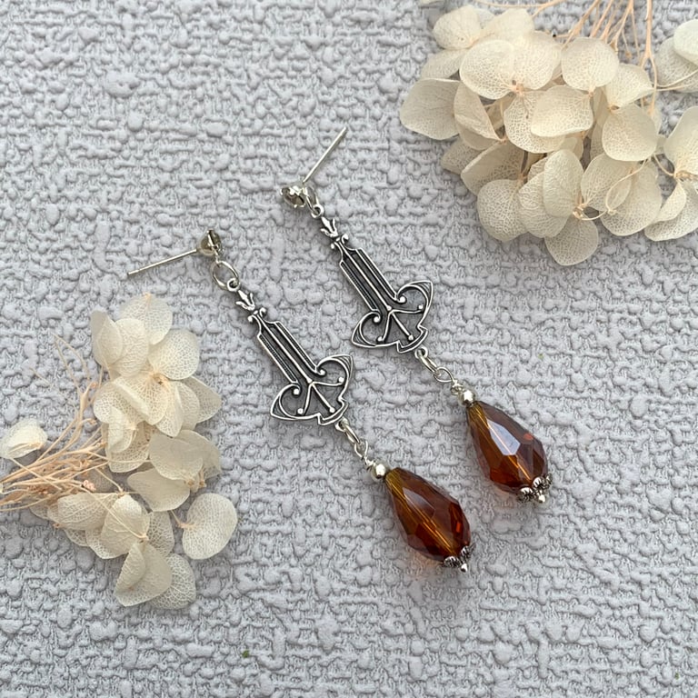 Vintage Style Antique Silver and Amber Glass Crystal Drop Earrings