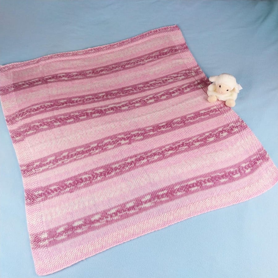 Pink Hand Knitted Baby Blanket with Fair Isle Inspired Stripes