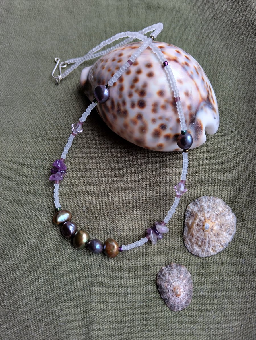 Pearl, Amethyst, and Czech Glass Beaded Necklace with 925 Sterling Silver Clasp