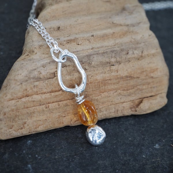 Citrine drop necklace, molten sterling silver hoop, pendant necklace