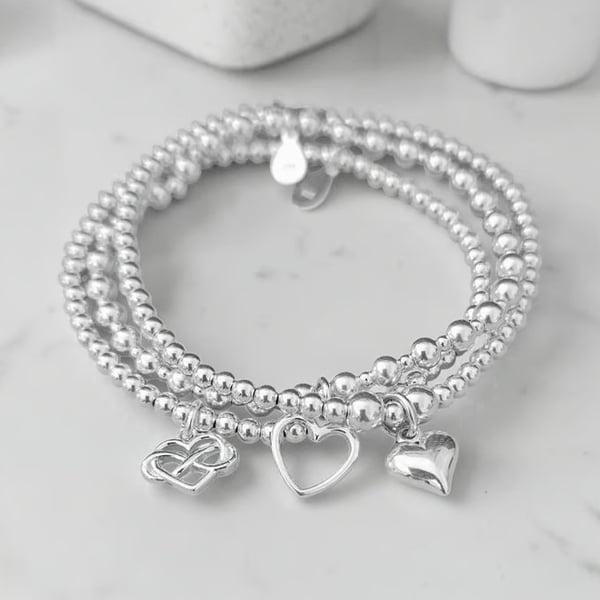 Sterling Silver Heart Charm Stretch Bracelet Set 925