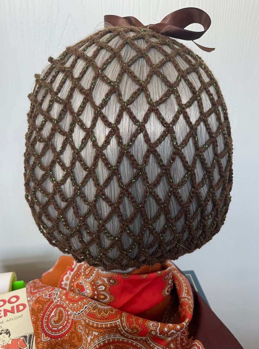 Brown and green sparkle 1940s style snood hairnet. 3 Sizes available