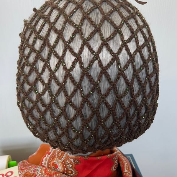 Brown and green sparkle 1940s style snood hairnet. 3 Sizes available