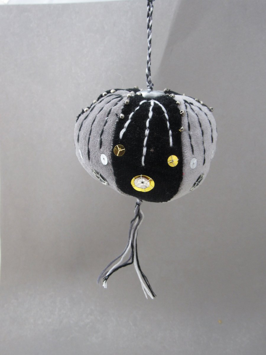 Beaded Black and Silver Velvet Hanging Bauble